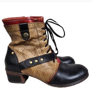 Spring Step L'ARTISTE 3 Tone Leather Ankle Boot Reptile Tan Black Size 37